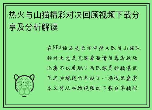 热火与山猫精彩对决回顾视频下载分享及分析解读